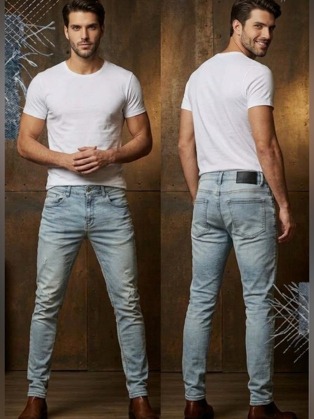 Zara Men Light Wash Skinny Slim Denim Jeans EUR 44 USA 34 Premium Stretch Style